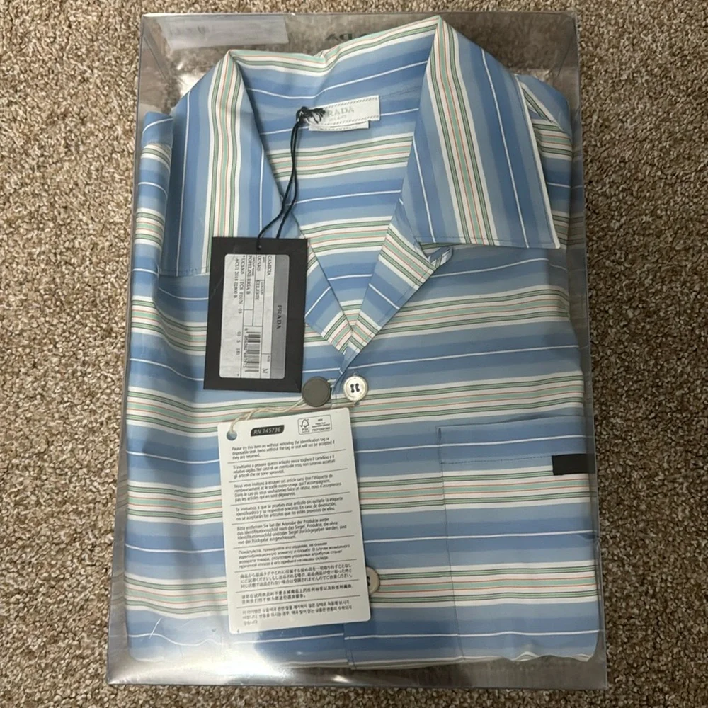 Prada Camica Celeste Short Striped Blue Sleeved Shirt - Picture 2 of 5